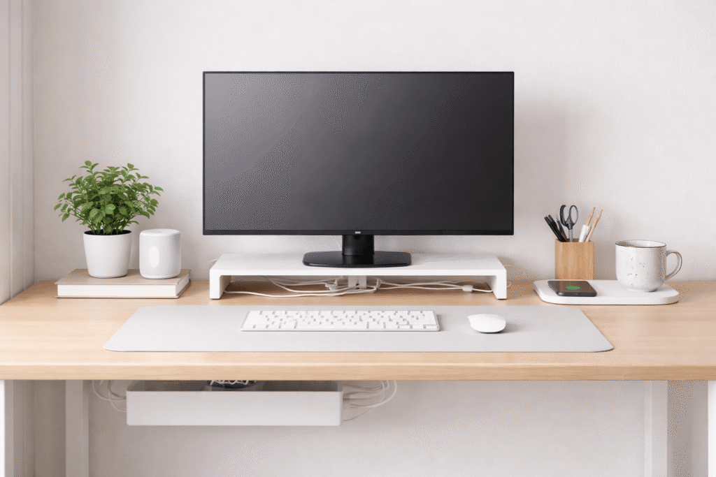 Minimalist desk setup with hidden cables, organized workspace, monitor on stand, and clean cable management underneath desk