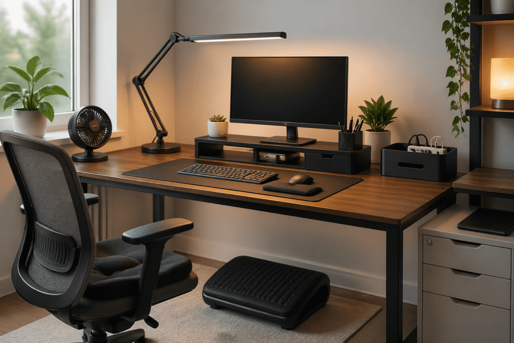 Comfortable home office desk setup with monitor stand, desk lamp, ergonomic chair, footrest, and organized workspace in a small room.