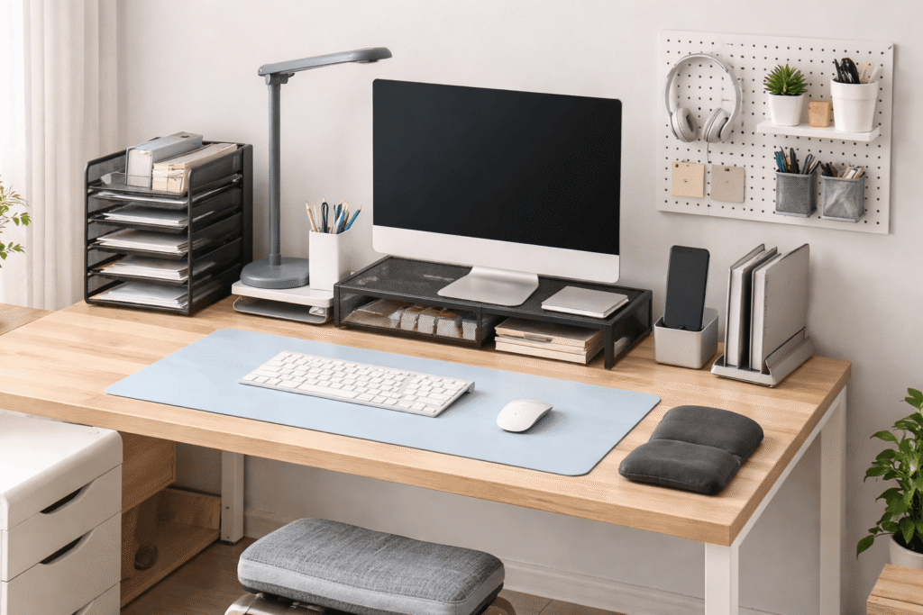 Clean and organized desk setup with monitor riser, desk mat, paper organizer, pegboard, and ergonomic accessories in a minimalist home office.