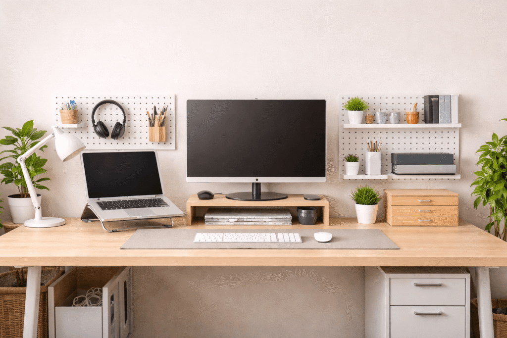 clean and organized desk setup with laptop stand, monitor, pegboard and minimal accessories for improved productivity and focus
