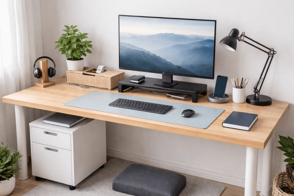 Clean and organized minimal desk setup with monitor riser, desk mat, task lamp, and cable management for improved productivity and focus