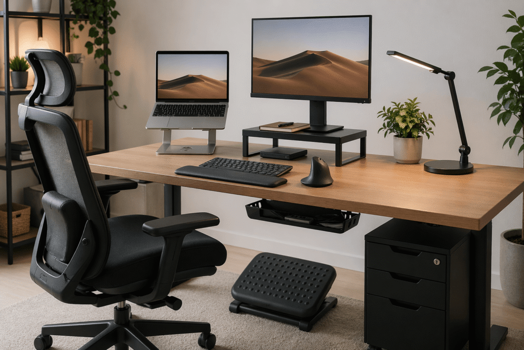 Ergonomic home office desk setup with laptop stand, monitor riser, footrest, and supportive chair designed to reduce neck and back pain.