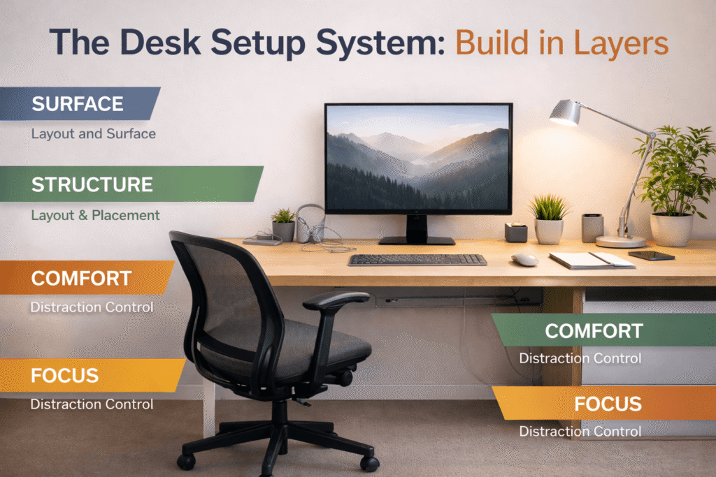 Wide home office desk setup showing the five layers of an organized workspace: surface, structure, comfort, focus, and lighting.