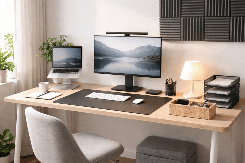 Minimalist home office desk setup designed for focus with monitor light bar, laptop stand, and clean organization