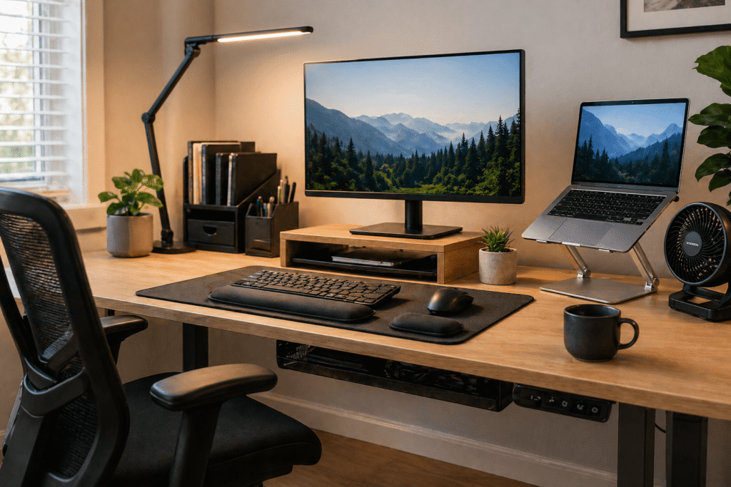 Before and after ergonomic desk setup showing a cluttered uncomfortable workspace transformed into an organized, comfortable home office.