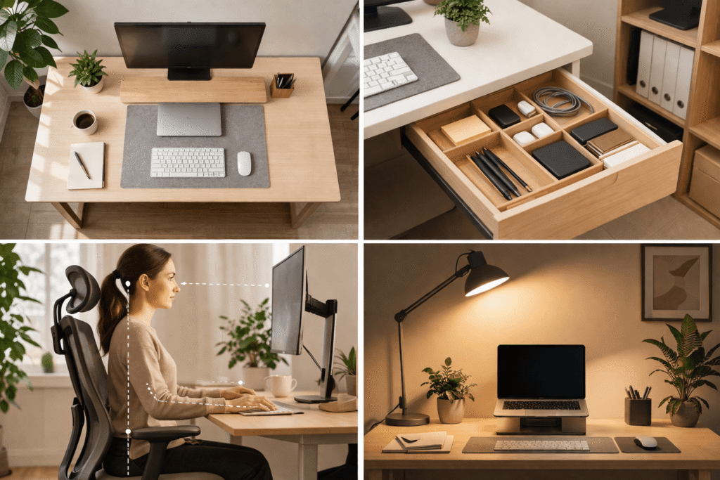 Four minimalist desk setup scenes showing clear workspace, organized storage, ergonomic sitting posture, and warm desk lighting in a home office.