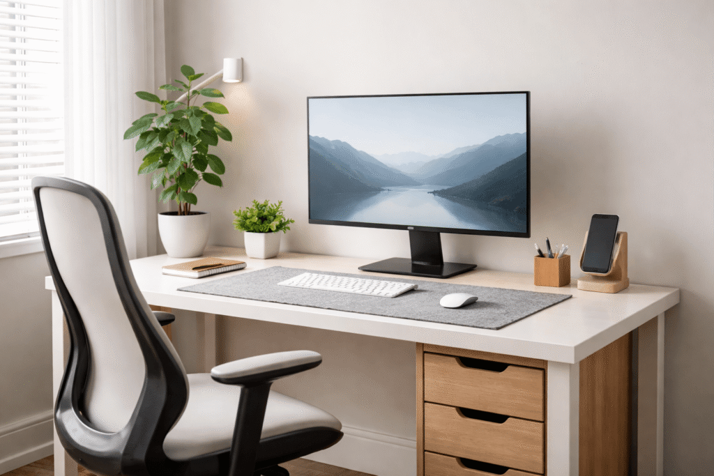 A clean minimalist desk setup with a monitor, ergonomic chair, soft natural lighting, and organized workspace in a small home office.
