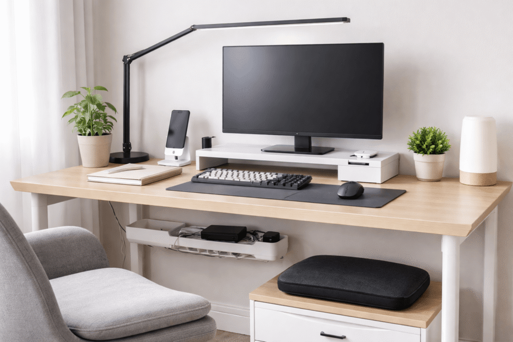 Minimalist desk setup with monitor, keyboard, desk lamp, and clean workspace designed for focus and productivity in a home office