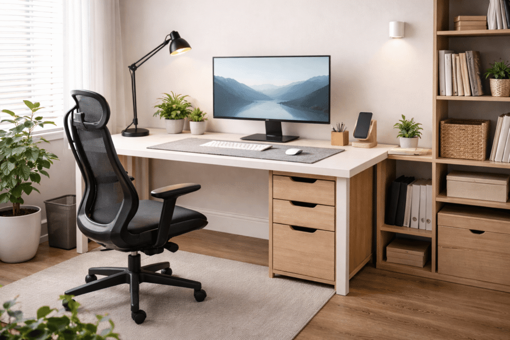 Clean minimalist home office desk setup with ergonomic chair, natural light, organized workspace, and simple modern design.