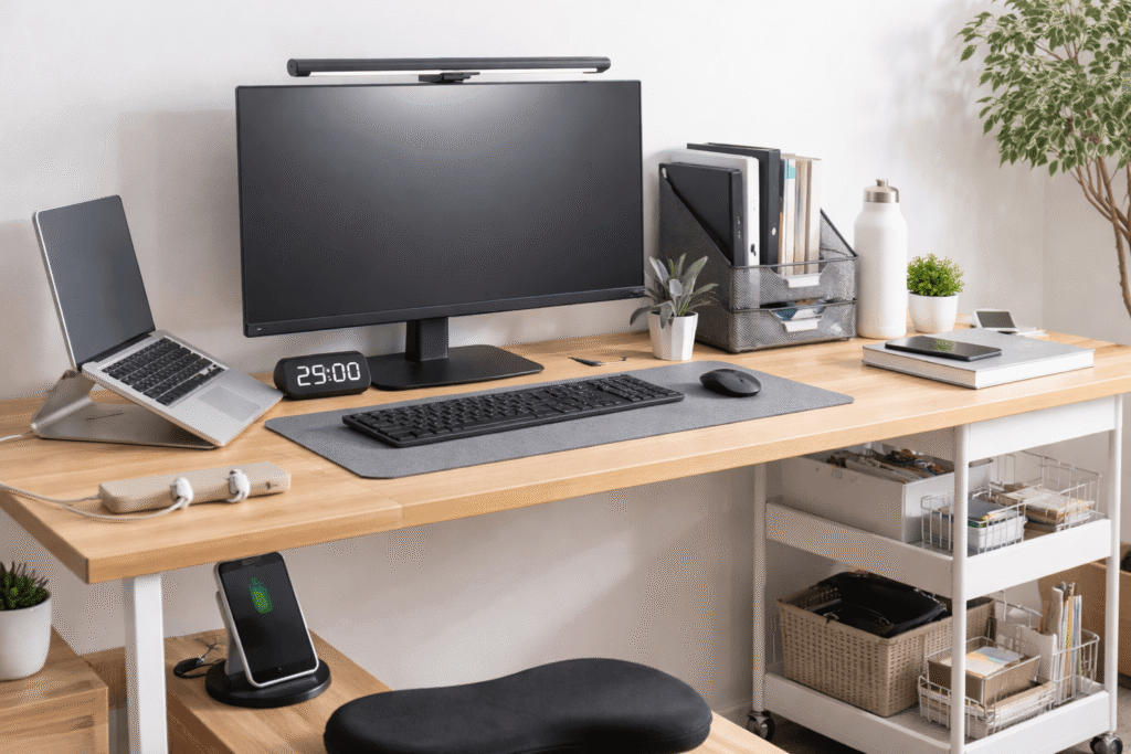 Minimalist home desk setup with monitor light bar, laptop stand, wireless keyboard, and organized accessories for improved productivity and comfort