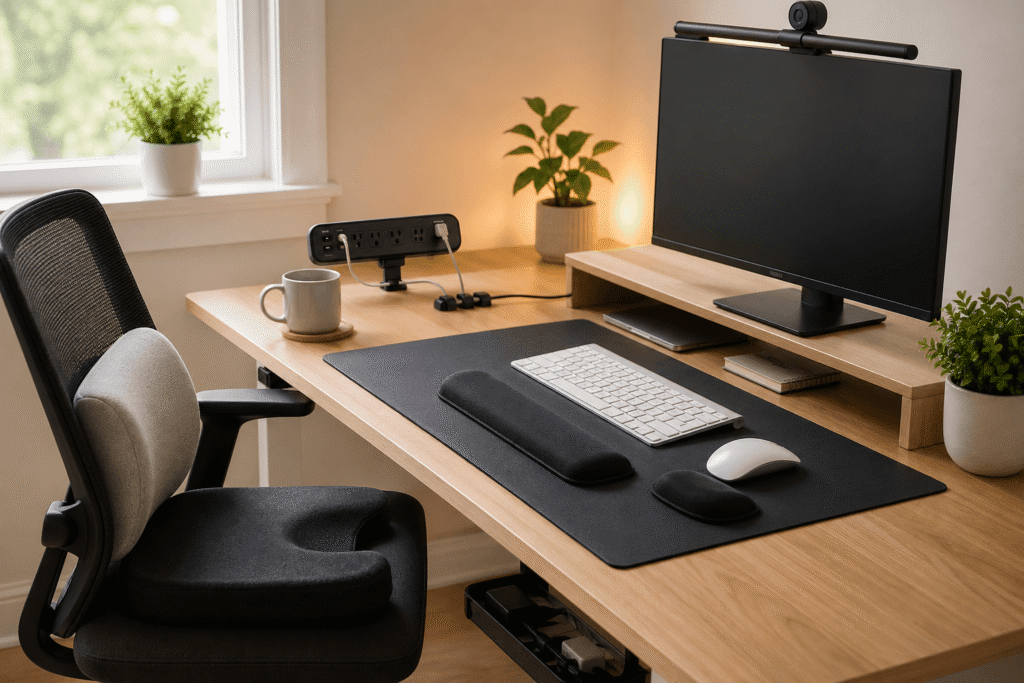 Minimal home office desk setup with ergonomic accessories, cable management, soft lighting, and comfort upgrades for productivity