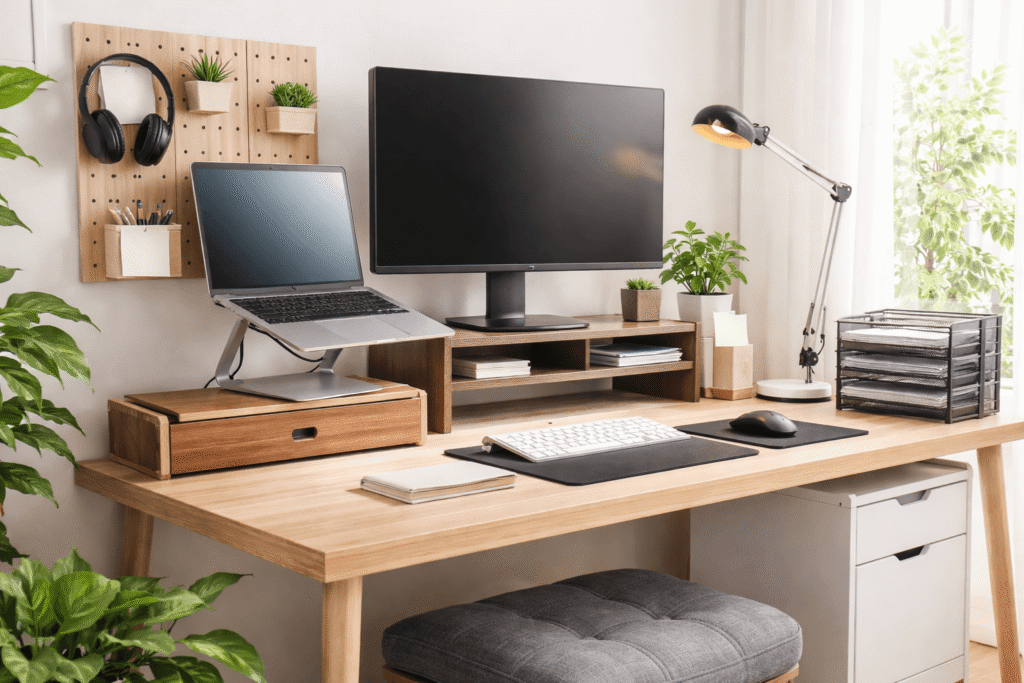 Clean small desk setup with organized workspace, laptop stand, desk lamp, and minimal clutter for improved productivity and focus