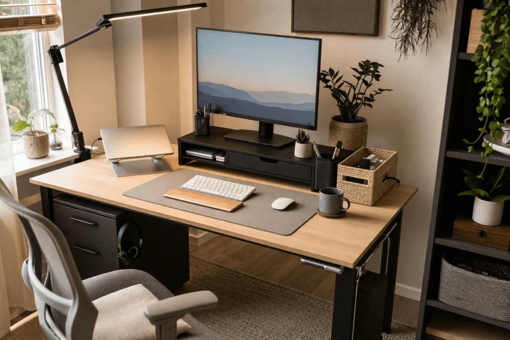 Minimalist small desk setup with monitor riser, laptop stand, clamp desk lamp, and organized accessories in a cozy home office