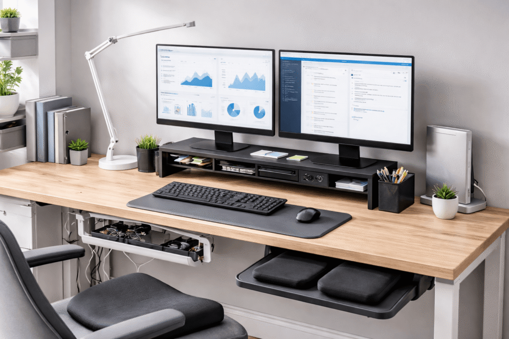 Clean and organized small desk setup with dual monitors, monitor riser, cable management, and ergonomic accessories for better productivity and comfort.