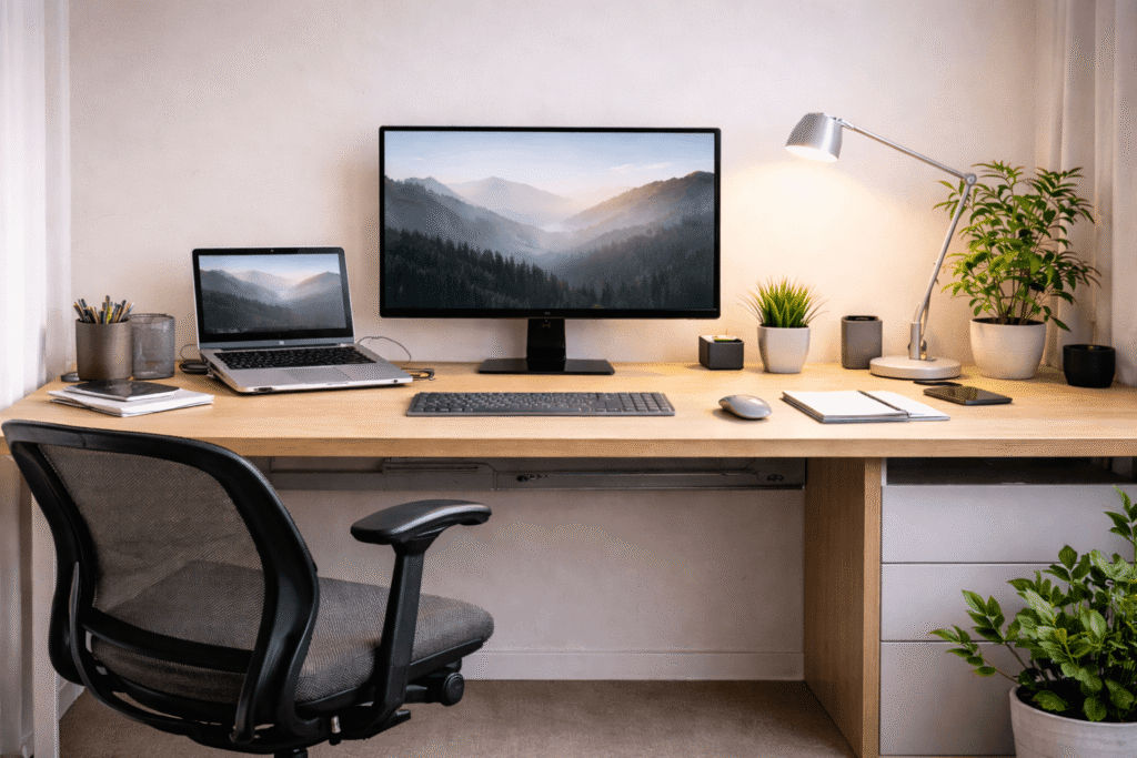 Clean and organized home office desk setup with monitor, laptop, ergonomic chair, desk lamp, plants, and hidden storage.