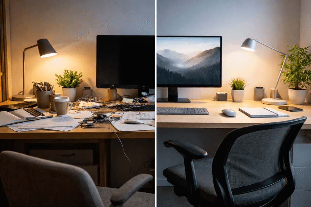 Side-by-side comparison of a cluttered desk and a clean, organized workspace showing how desk setup affects focus and productivity.