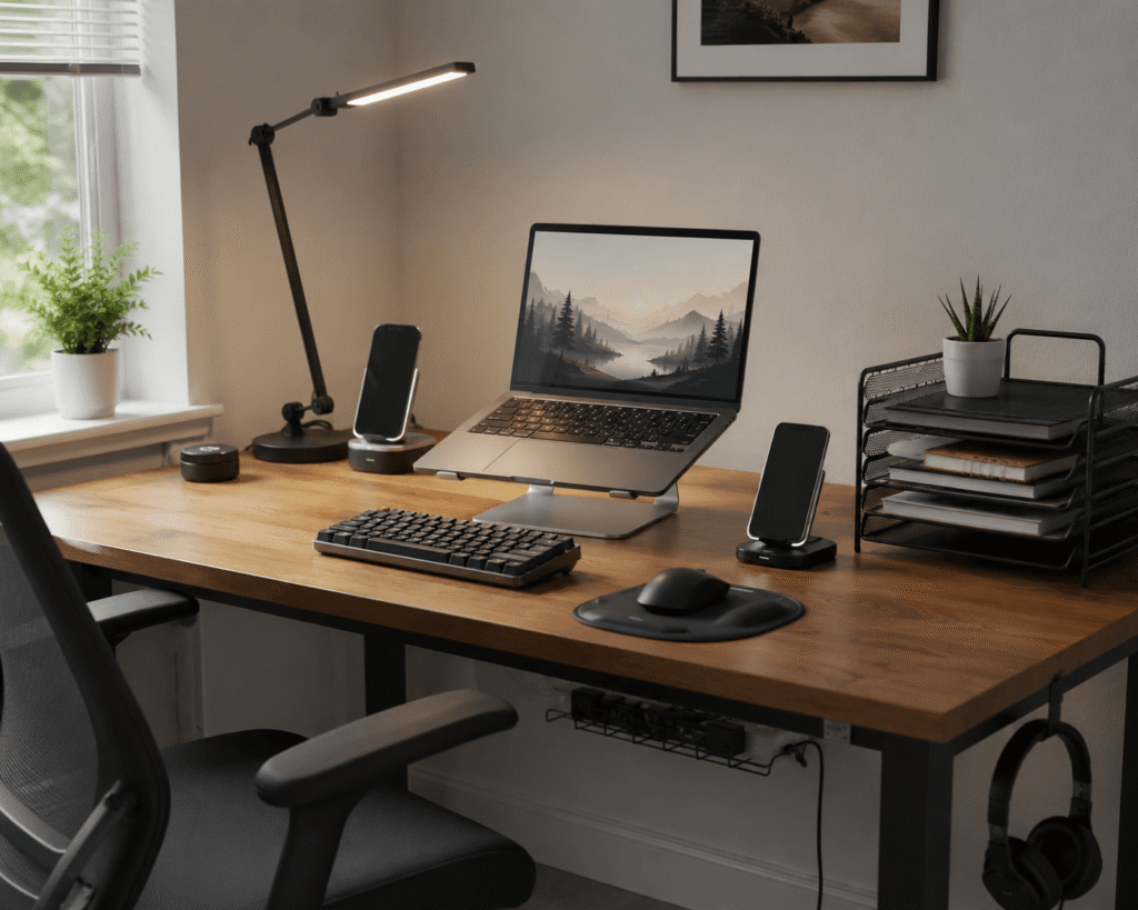 Clean and realistic small home office desk setup with a laptop, desk lamp, mechanical keyboard, phone stand, organized accessories, and soft natural daylight.