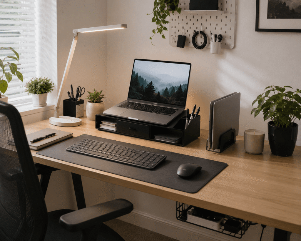 Small minimalist home office desk setup with laptop, monitor riser, desk lamp, cable management, and organized accessories in soft natural daylight.