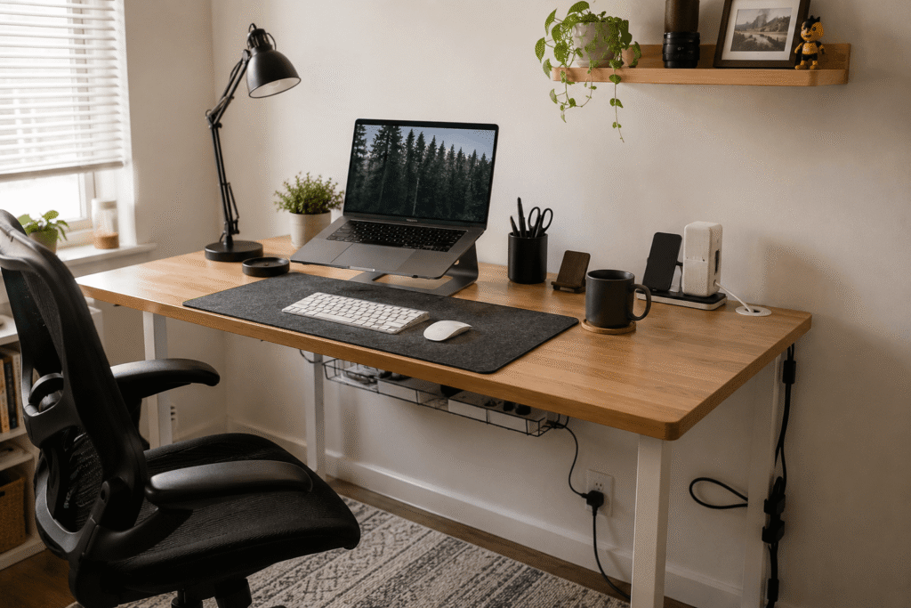 Small modern home office desk setup with a laptop, desk lamp, cable organizers, monitor accessories, and soft natural daylight in a clean minimalist workspace.