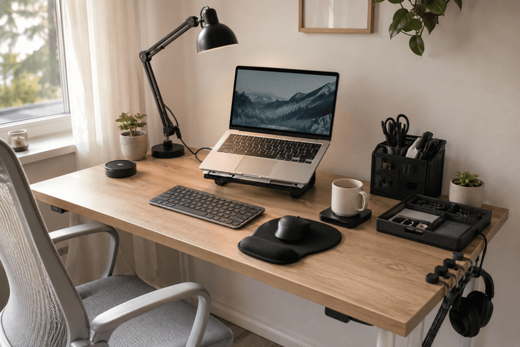 Clean and realistic home office desk setup with a laptop stand, desk lamp, cable organizers, wrist support mouse pad, and minimalist accessories in soft natural lighting.