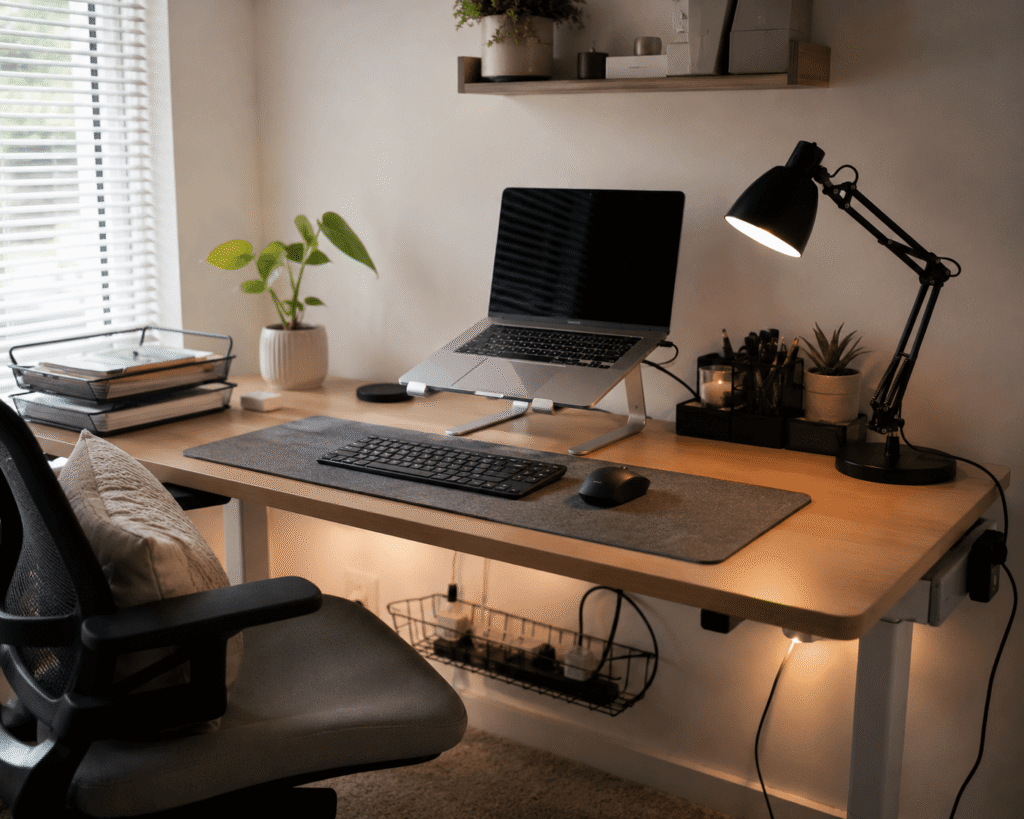 Clean and realistic work-from-home desk setup with a laptop, desk lamp, organizer, cables, and natural daylight in a small modern home office space.