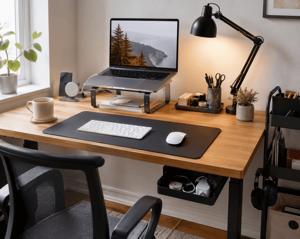 Clean and affordable home office desk setup with laptop, desk lamp, organizers, and natural lighting in a small workspace.