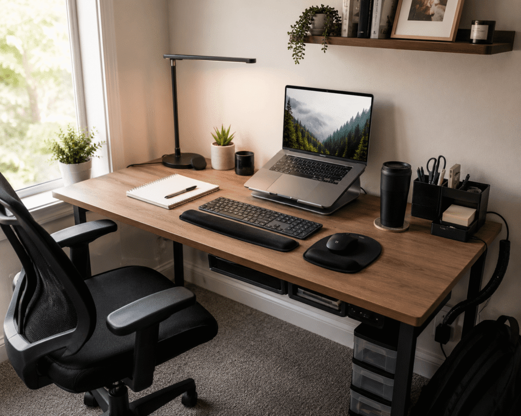 Clean and practical home office desk setup with laptop, monitor stand, desk lamp, cable management, and organized accessories in natural daylight.