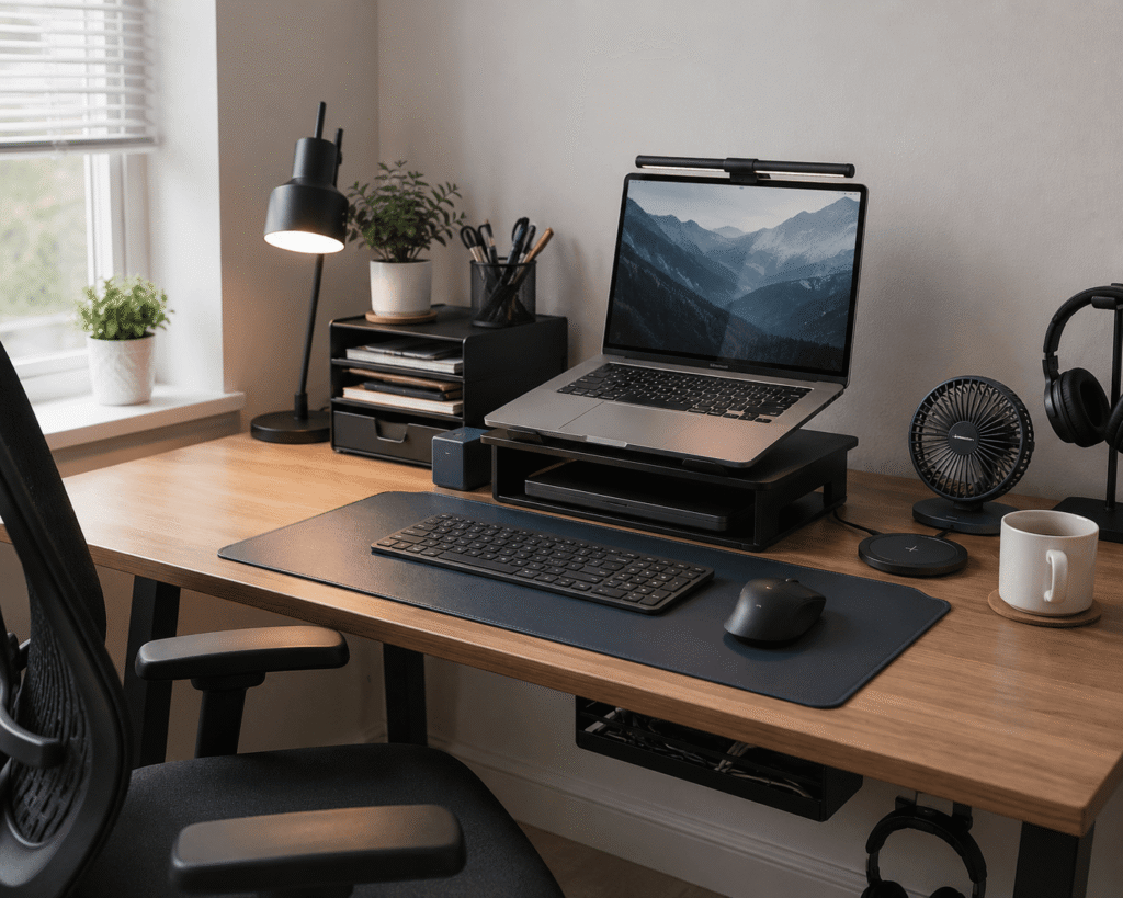 Clean and practical small home office desk setup with laptop stand, monitor light bar, desk organizer, wireless charger, and minimalist accessories in soft natural daylight.