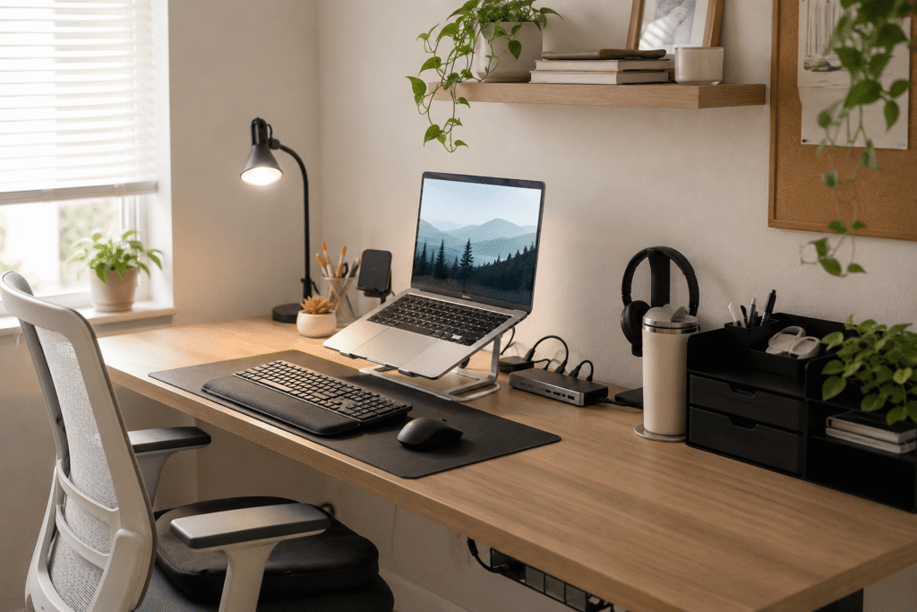Clean and realistic home office desk setup with laptop stand, desk lamp, wireless keyboard, organizers, and soft natural lighting in a modern workspace.