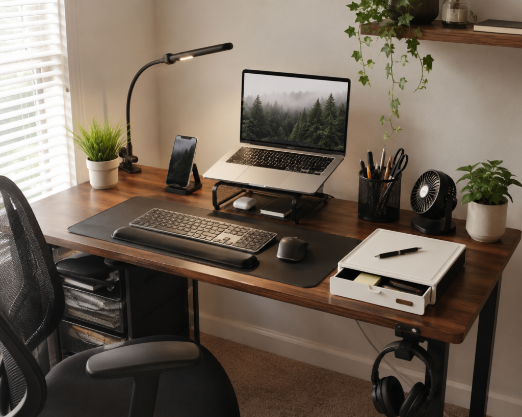 Clean and practical home office desk setup with laptop stand, desk lamp, cable organization accessories, small fan, and minimalist workspace design in natural daylight.