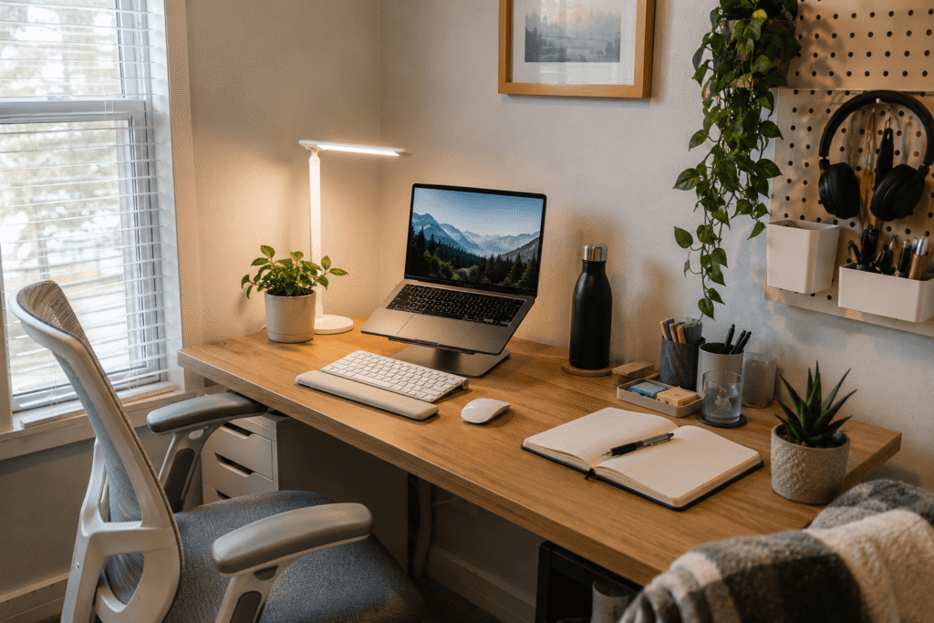 Clean and realistic home office desk setup with soft natural lighting, laptop, desk lamp, monitor light bar, and organized accessories on a small modern desk.