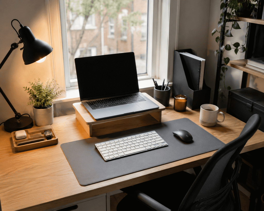 Clean modern home office desk setup with a large desk mat, laptop stand, keyboard, lamp, and organized accessories in soft natural lighting.