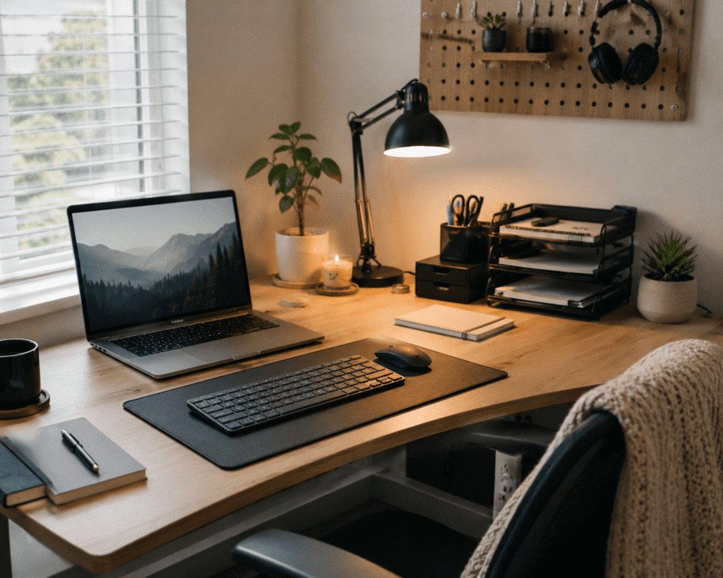 Clean small home office desk setup with laptop, desk organizers, lamp, keyboard, and natural lighting in a practical modern workspace.