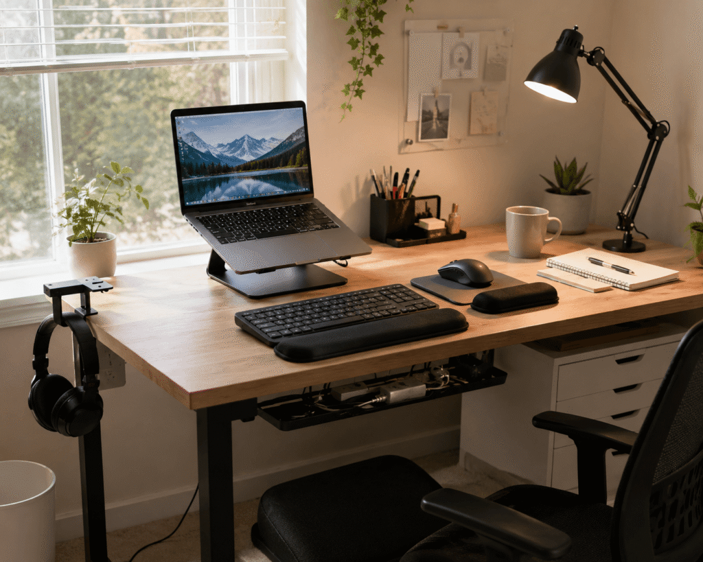 Small ergonomic home office desk setup with a laptop stand, wrist rests, desk lamp, cable management tray, and clean modern workspace in natural daylight.