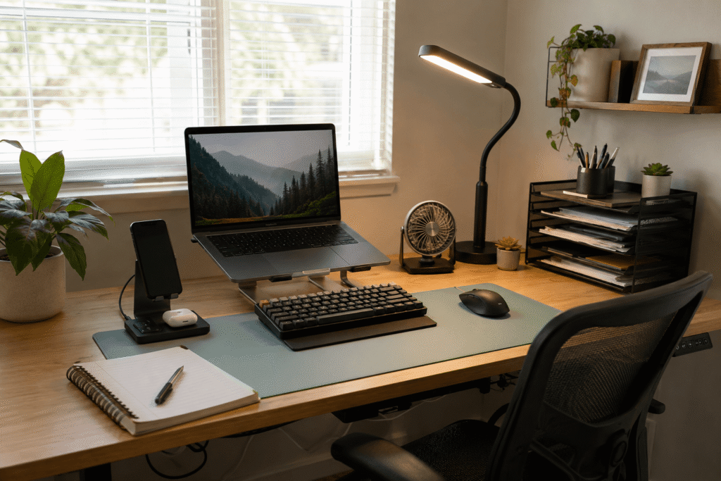 Clean and practical home office desk setup with a laptop, desk lamp, phone stand, desk mat, and organized accessories in soft natural daylight.