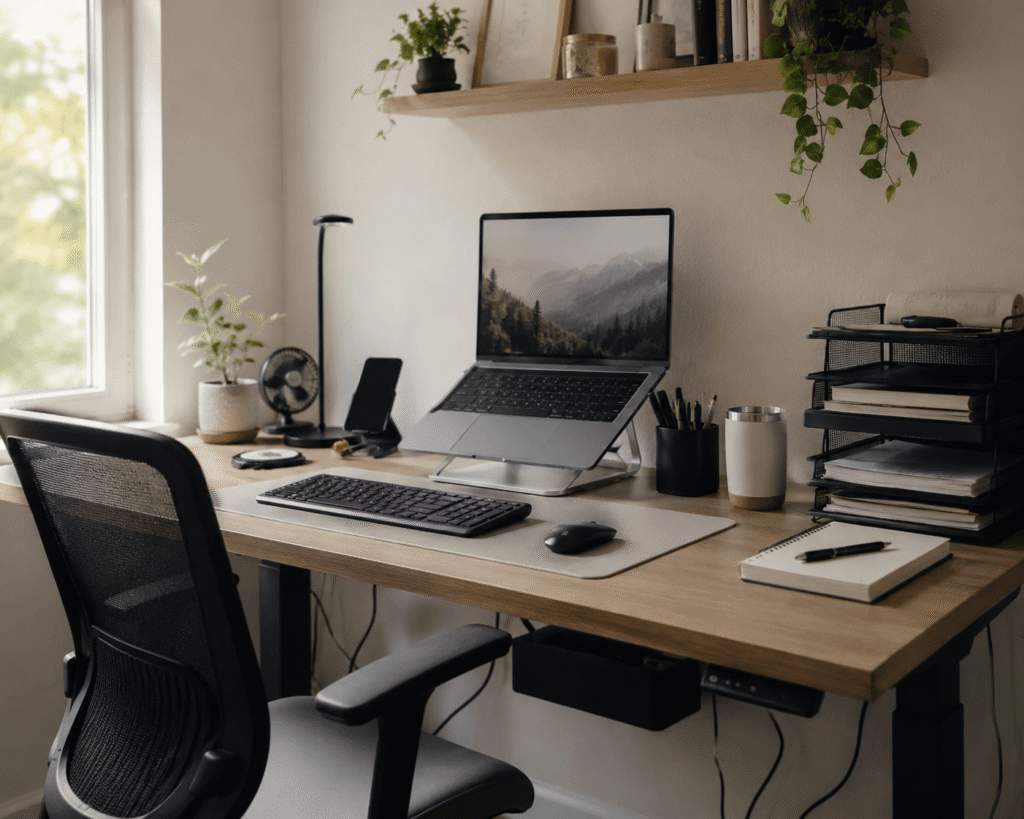 Small modern home office desk setup with a laptop stand, wireless keyboard, desk lamp, organizers, and soft natural lighting in a clean minimalist workspace.