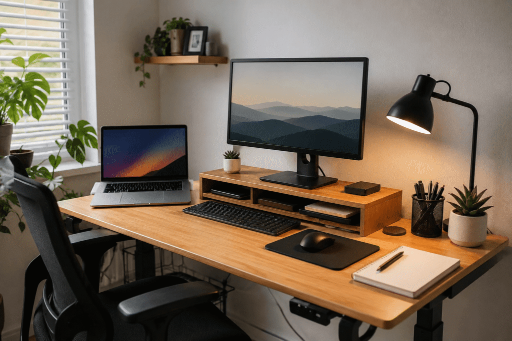 Clean and realistic home office desk setup with monitor stand, laptop, desk lamp, and organized accessories in natural daylight.