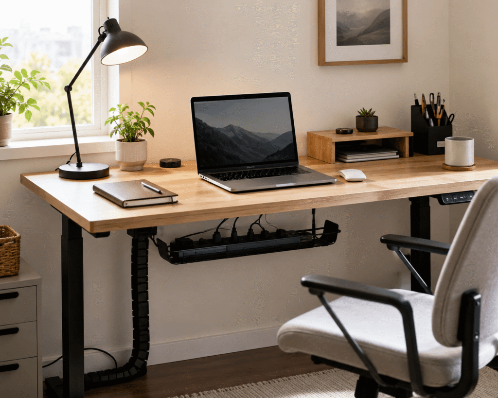Clean home office desk setup with organized cable management, wooden desk, laptop, desk lamp, and under-desk cable tray in natural daylight.