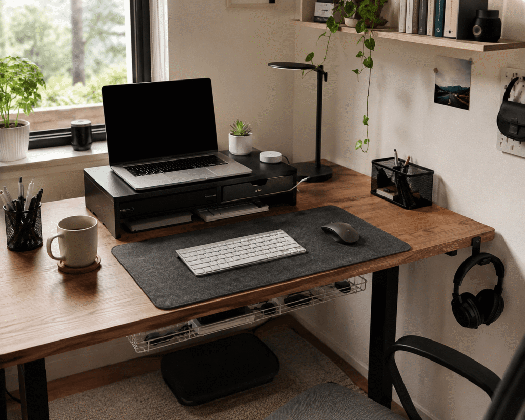 Clean and realistic home desk setup with a laptop, desk lamp, organizers, and soft natural daylight in a small modern workspace.