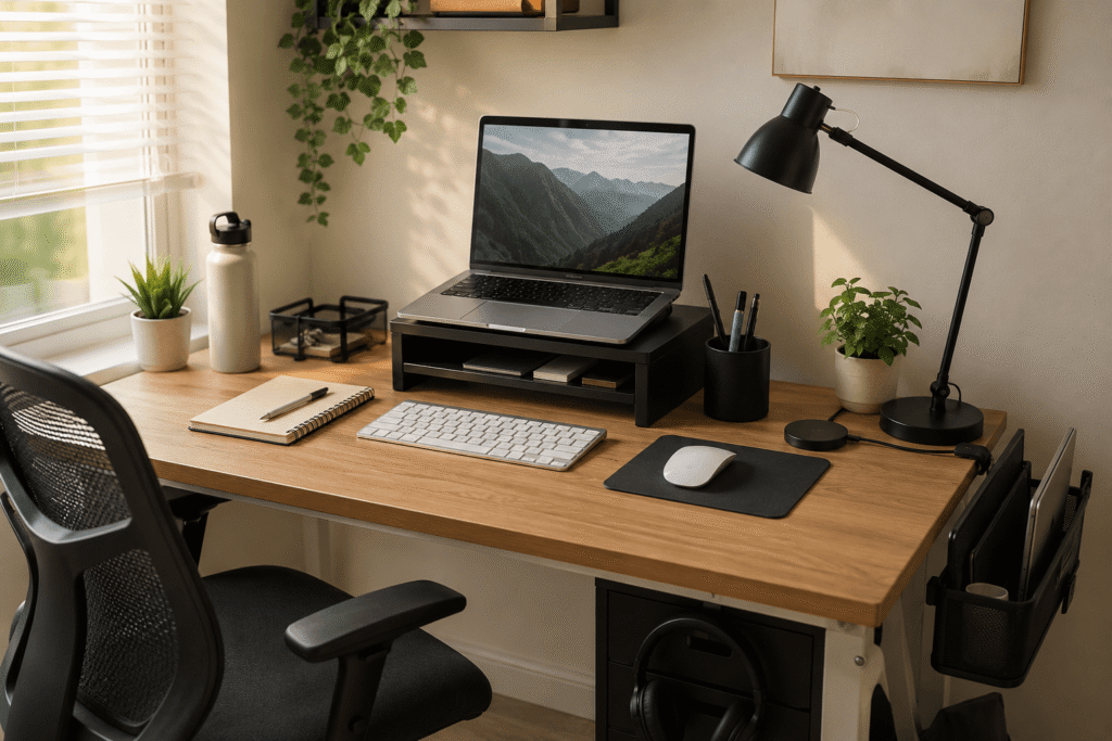 Clean and practical small home office desk setup with laptop, desk lamp, organizers, and natural daylight in a modern workspace.