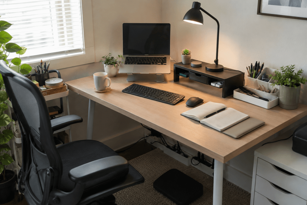 Small modern home office desk setup with a laptop stand, desk lamp, organized accessories, and soft natural lighting in a clean and comfortable workspace.