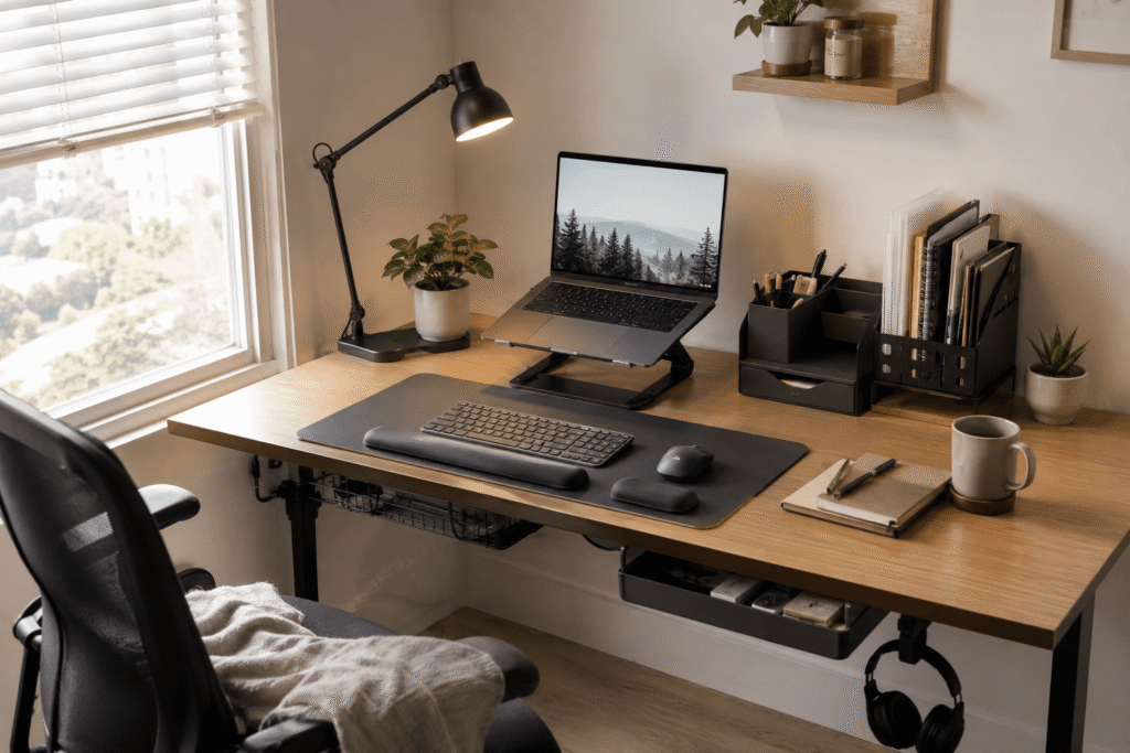 Minimal home office desk setup with a laptop, clamp desk lamp, cable management accessories, desk organizer, and neutral workspace decor in soft natural daylight.