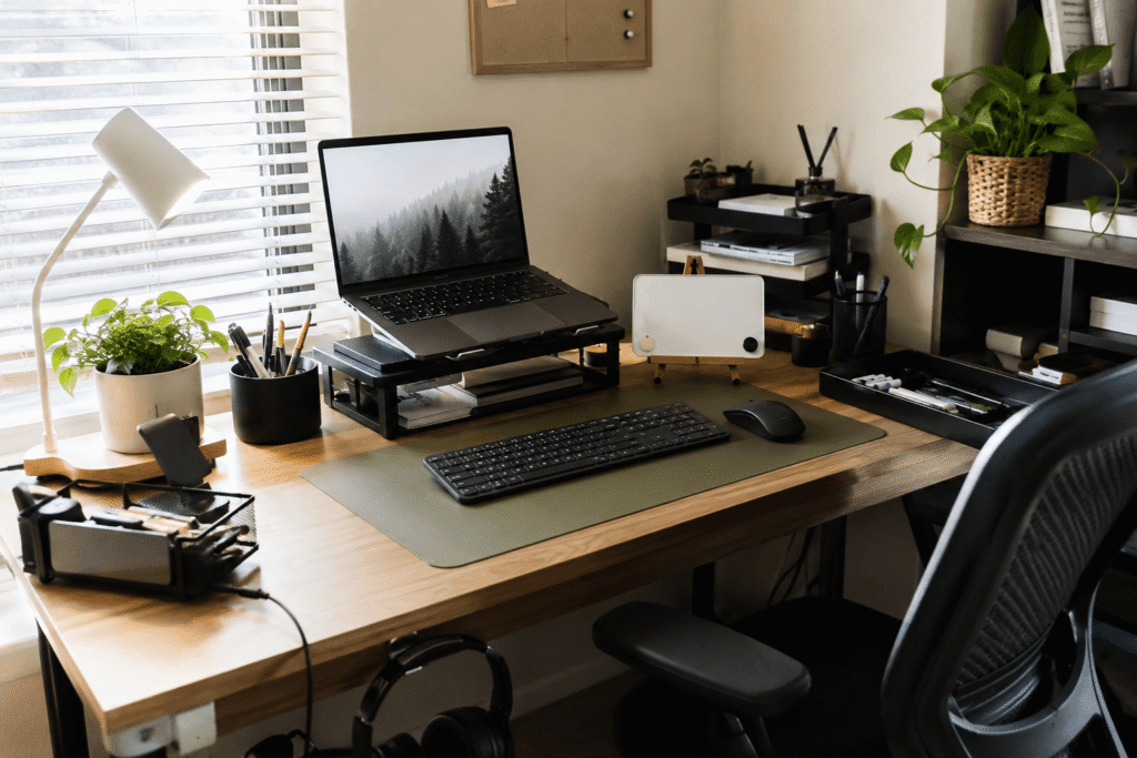 Minimal home office desk setup with a laptop stand, wireless keyboard, desk lamp, and organizers in soft natural daylight.