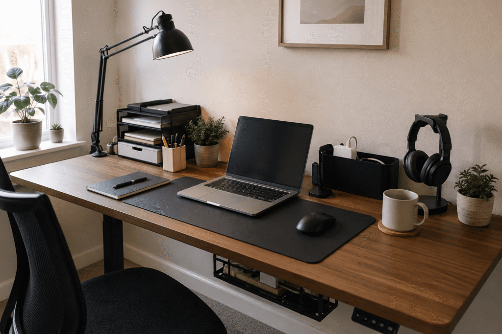 Clean and organized small home office desk setup with laptop, desk lamp, cable management, and practical accessories in natural daylight.