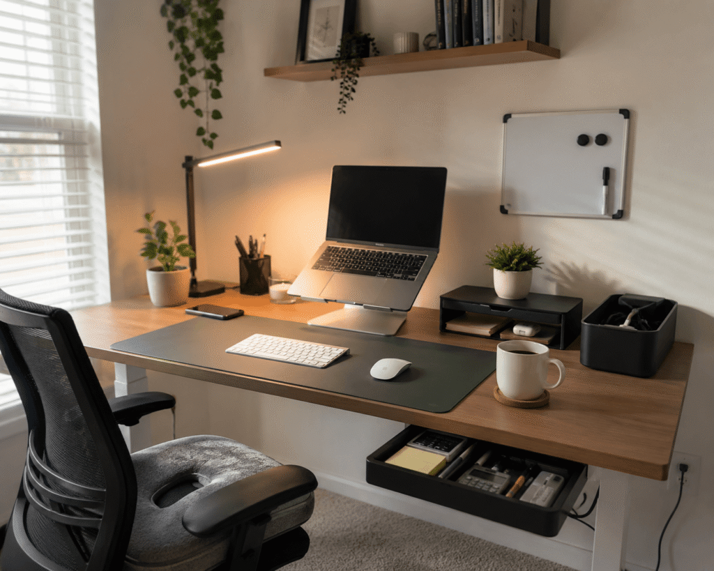 Clean and practical home desk setup with laptop, desk lamp, organizers, and natural daylight in a small workspace.