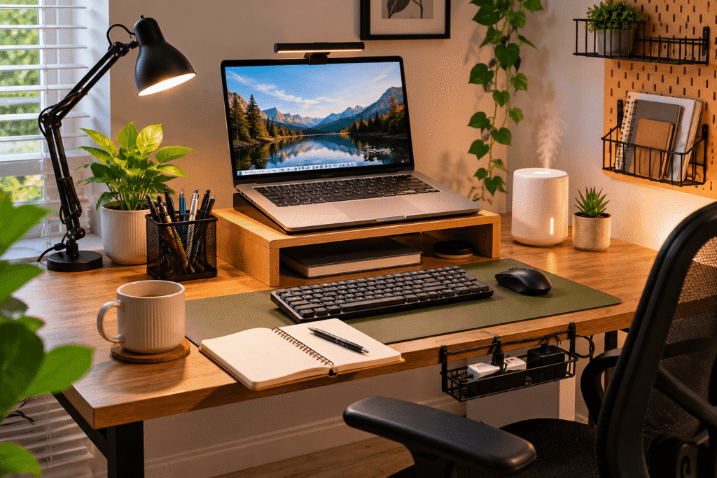 Clean and realistic home desk setup with soft natural lighting, monitor light bar, laptop, ergonomic accessories, and organized workspace for reducing eye strain.