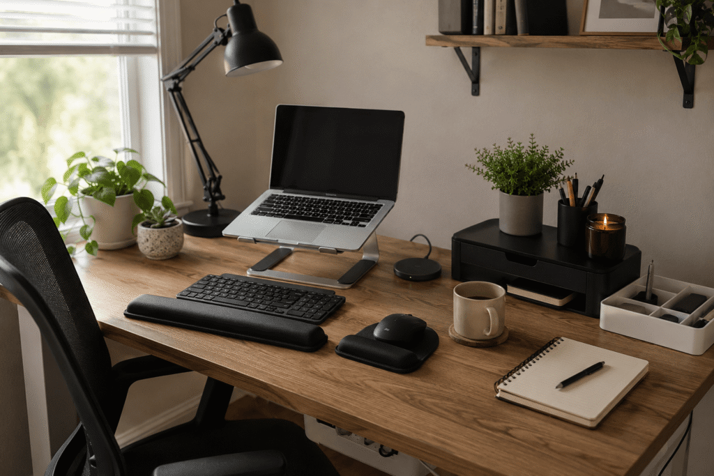 Clean and realistic work-from-home desk setup with a laptop stand, desk lamp, organizers, wireless charger, and soft natural lighting in a modern home office.
