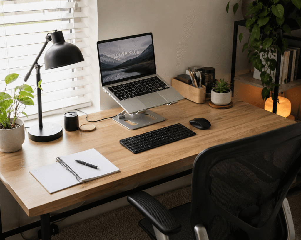 Small minimalist home office desk setup with a laptop stand, wireless keyboard, desk lamp, and natural lighting in a clean workspace.