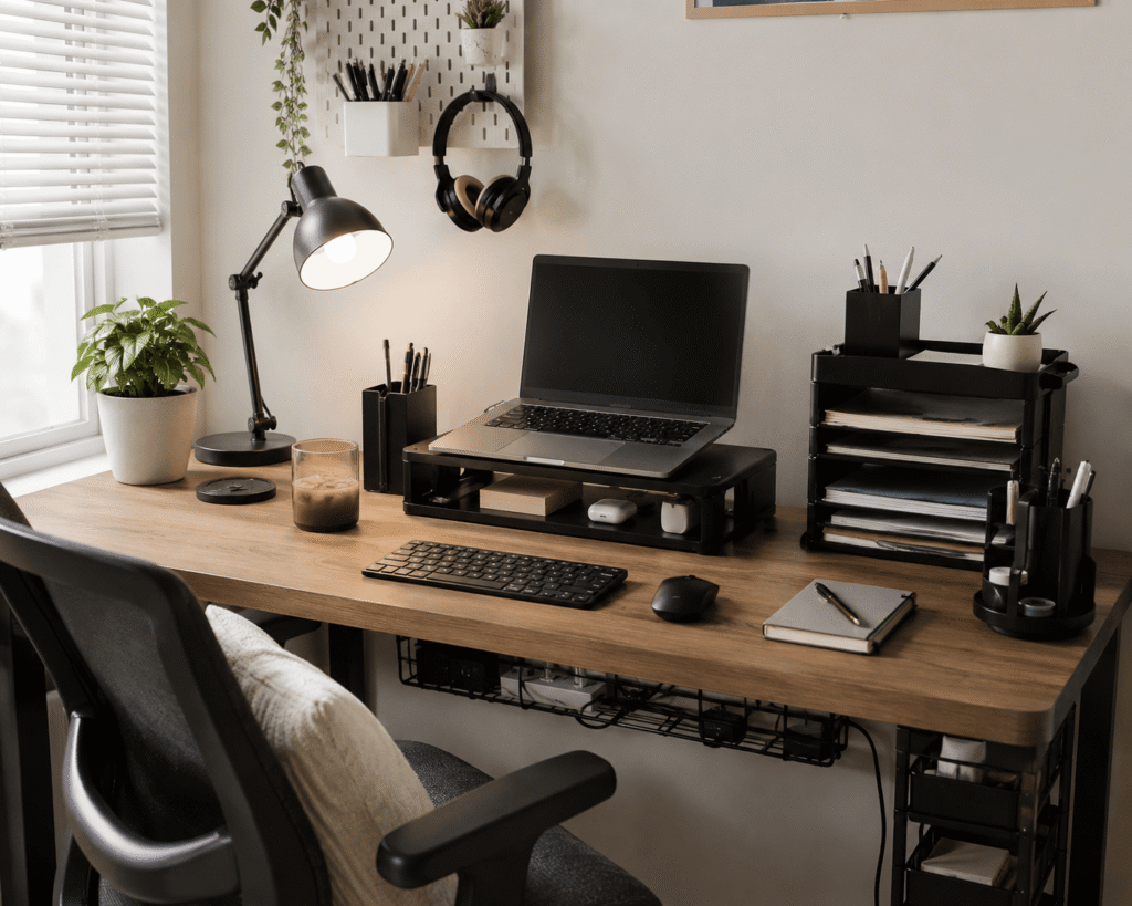 Clean small home office desk setup with laptop stand, desk lamp, organizers, cable management tray, and natural lighting in a modern workspace.