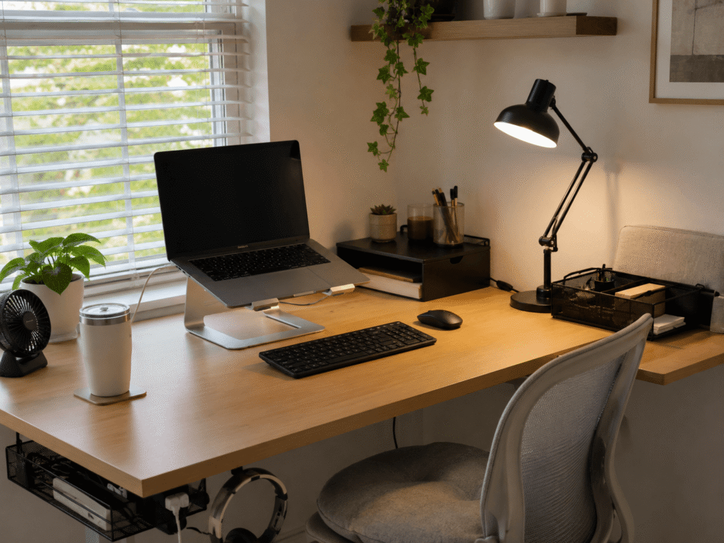 Small modern home office desk setup with laptop stand, desk lamp, wireless keyboard, organizers, and soft natural daylight in a cozy workspace.